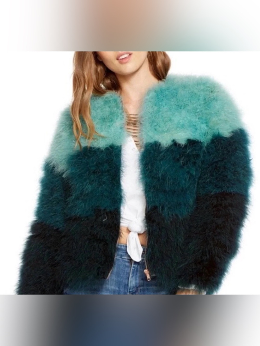 Chaser Colorblock Faux Fur Jacket in Teal and Deep Teal